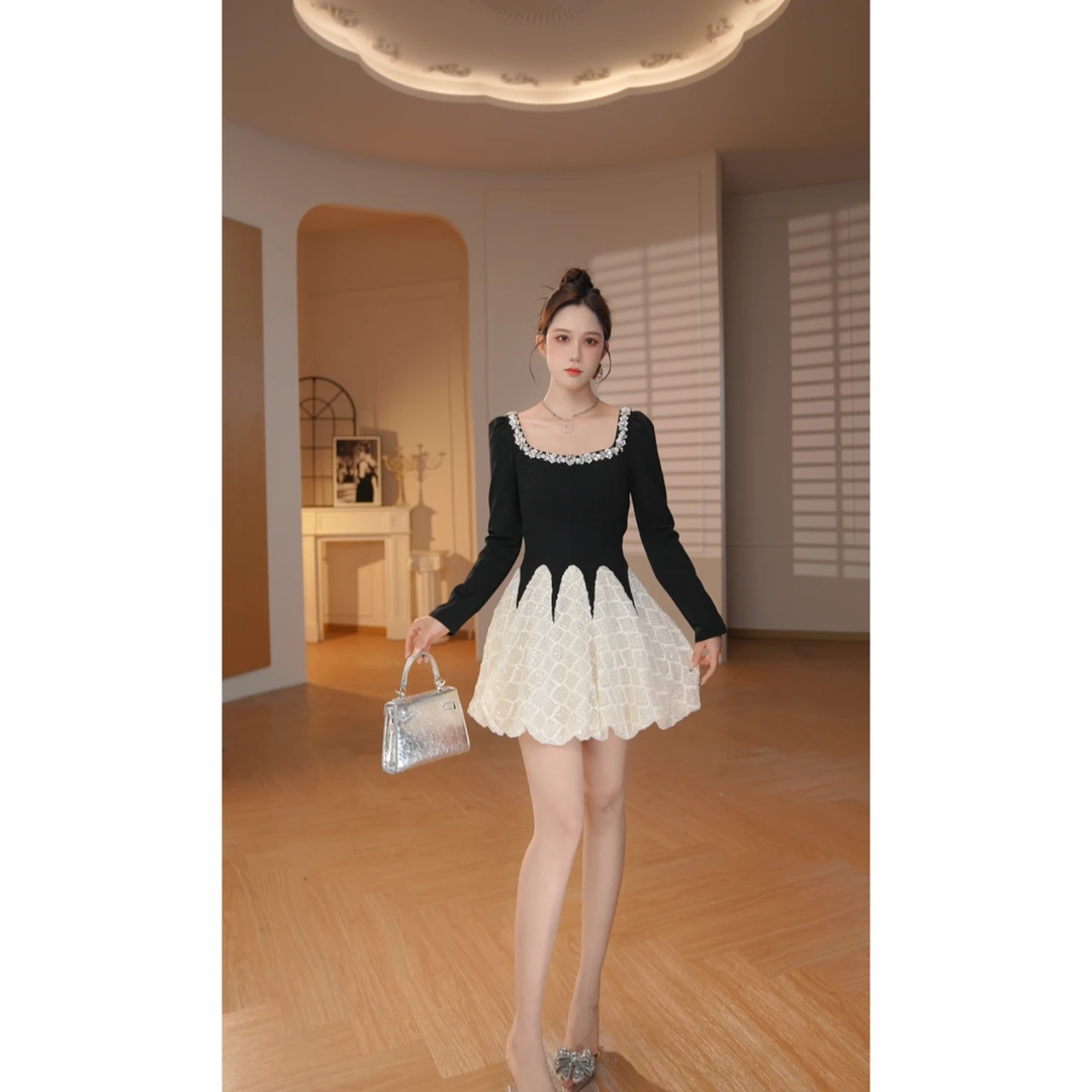 【时时原创】时尚轻奢拼接小个子连衣裙复古收腰修身显瘦名媛65495