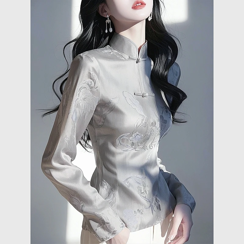 新中式高端国风灰色印花衬衫女2025早春收腰衬衣复古盘扣长袖上衣
