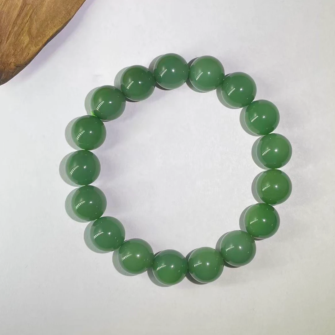 精品和田玉碧玉圆珠手串12M手链单圈无黑点粉青粉绿玉石女款