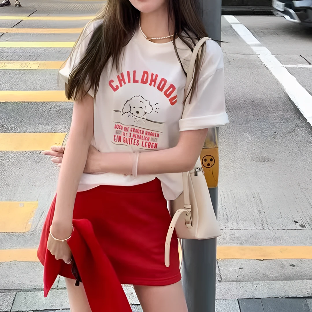 Malena Dream减龄休闲字母印花T恤+显瘦抽绳半身裙套装