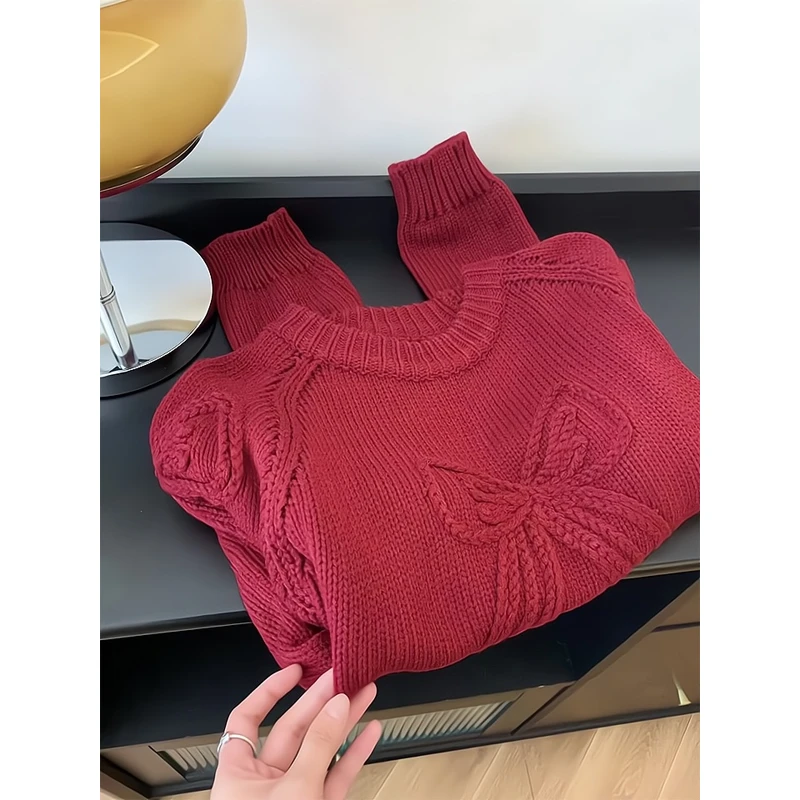 2025冬季手工蝴蝶结毛衣重工韩系粗针百搭圆领毛衣短款上衣女春款