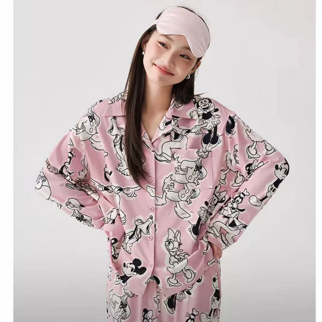 【茜茜】新款纯棉双层纱布粉色涂鸦米奇套装睡衣宽松家居服套装