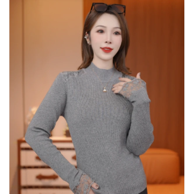 【法式情长】蕾丝拼接针织长袖毛衣百搭XY241634 JDND轩羽L