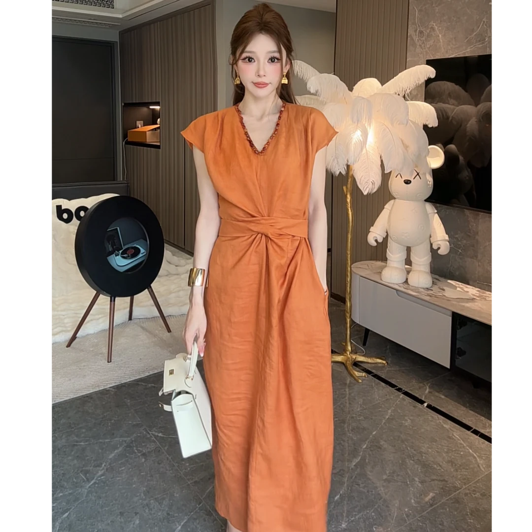 【琳琳】天丝亚麻纯色套头收腰不褪色夏装连衣裙显瘦高腰