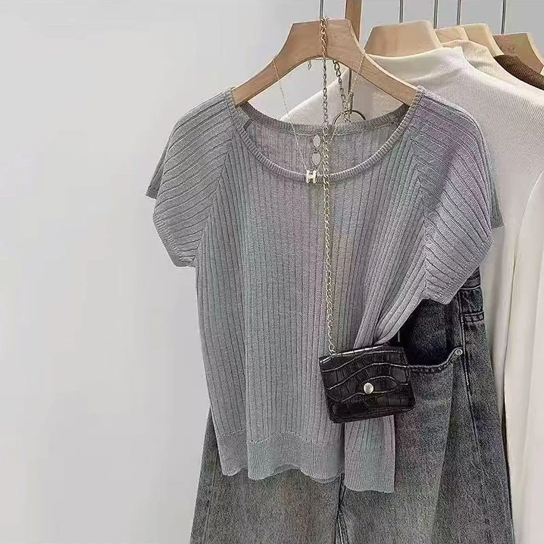 薄荷绿色针织正肩冰丝短袖T恤女2025新款夏季镂空多巴胺chic上衣