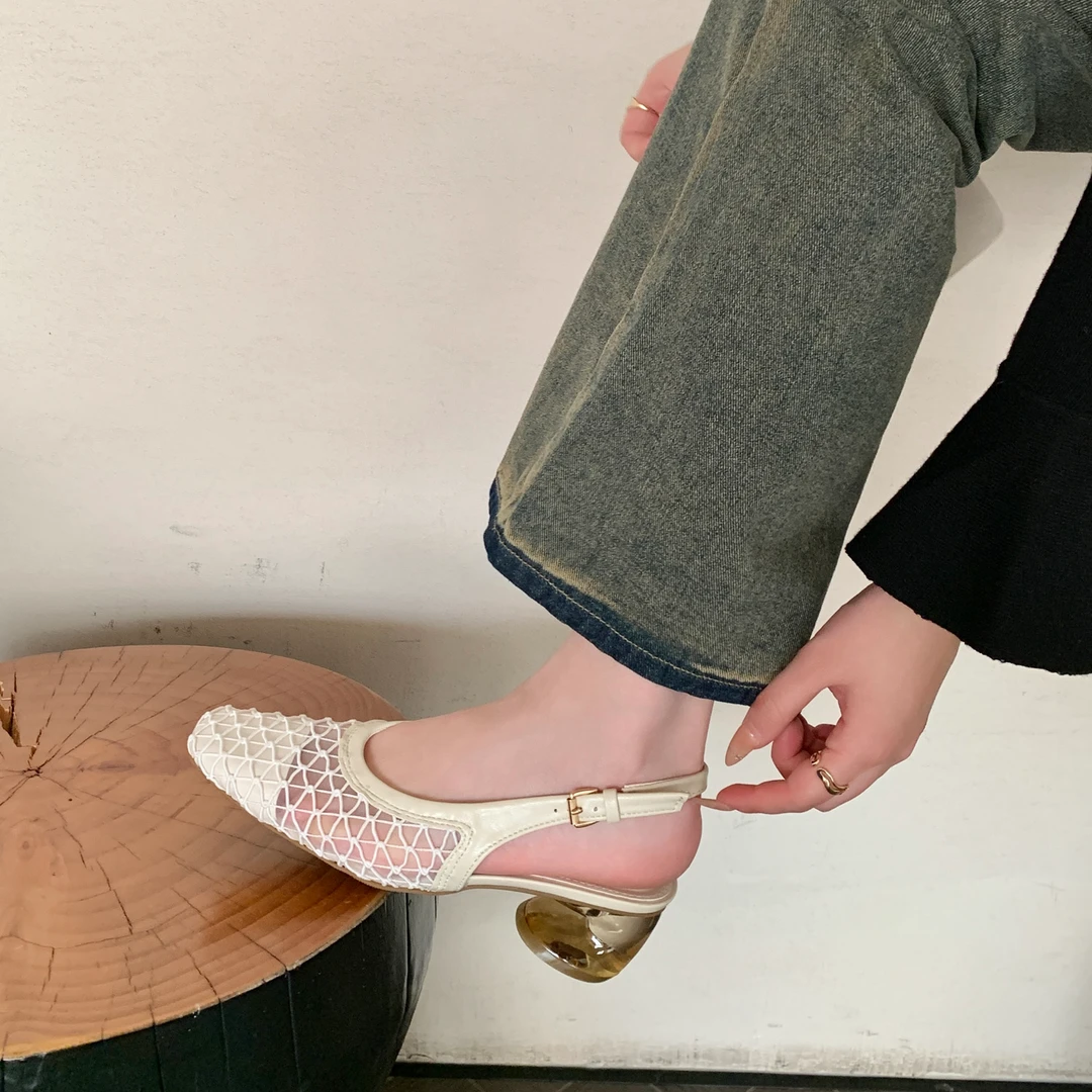 MRL-5159-3法式复古风粗跟时装凉鞋外穿2025网纱透气浅口包头单鞋