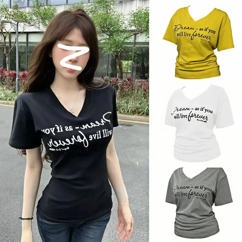 字母短袖T恤女2025新款显瘦遮肉辣妹V领夏季百搭韩版上衣