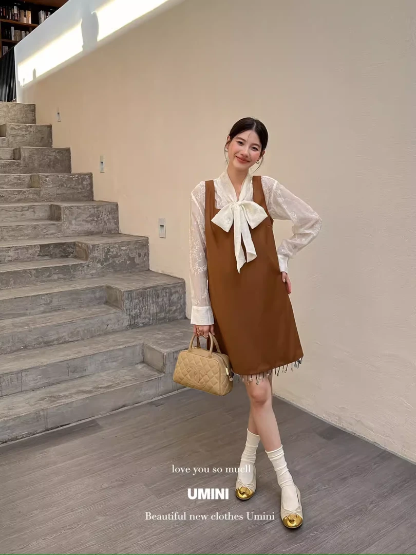 U+MINI 秋上新重工定制手工贝壳流苏显瘦背心连衣裙D3021
