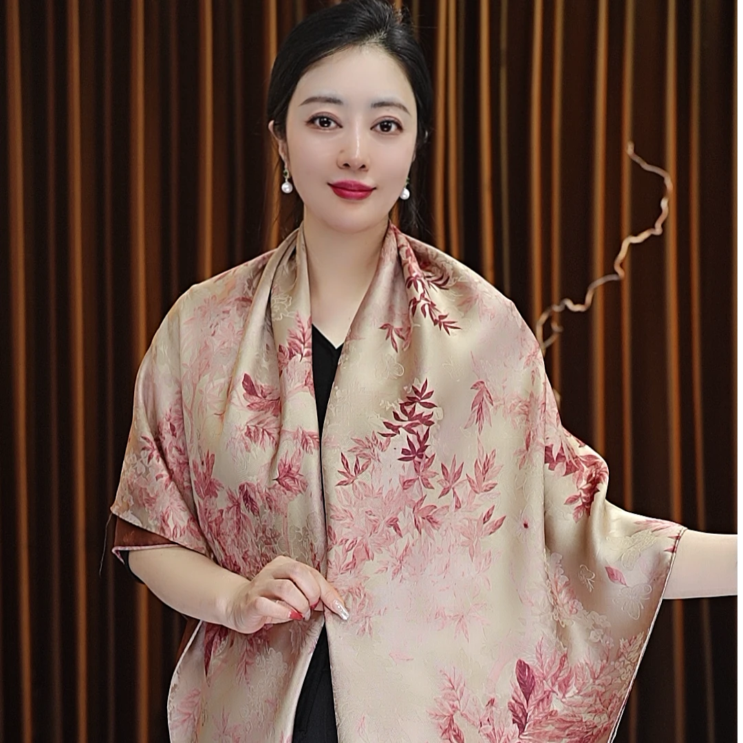 【枫叶红】140*140湖丝老料大方巾女士丝巾披肩百搭四季款双面戴