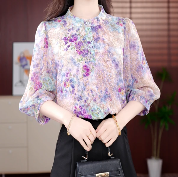 2025新款原版正品碎花紫藤法式轻奢减龄女士气质衬衫