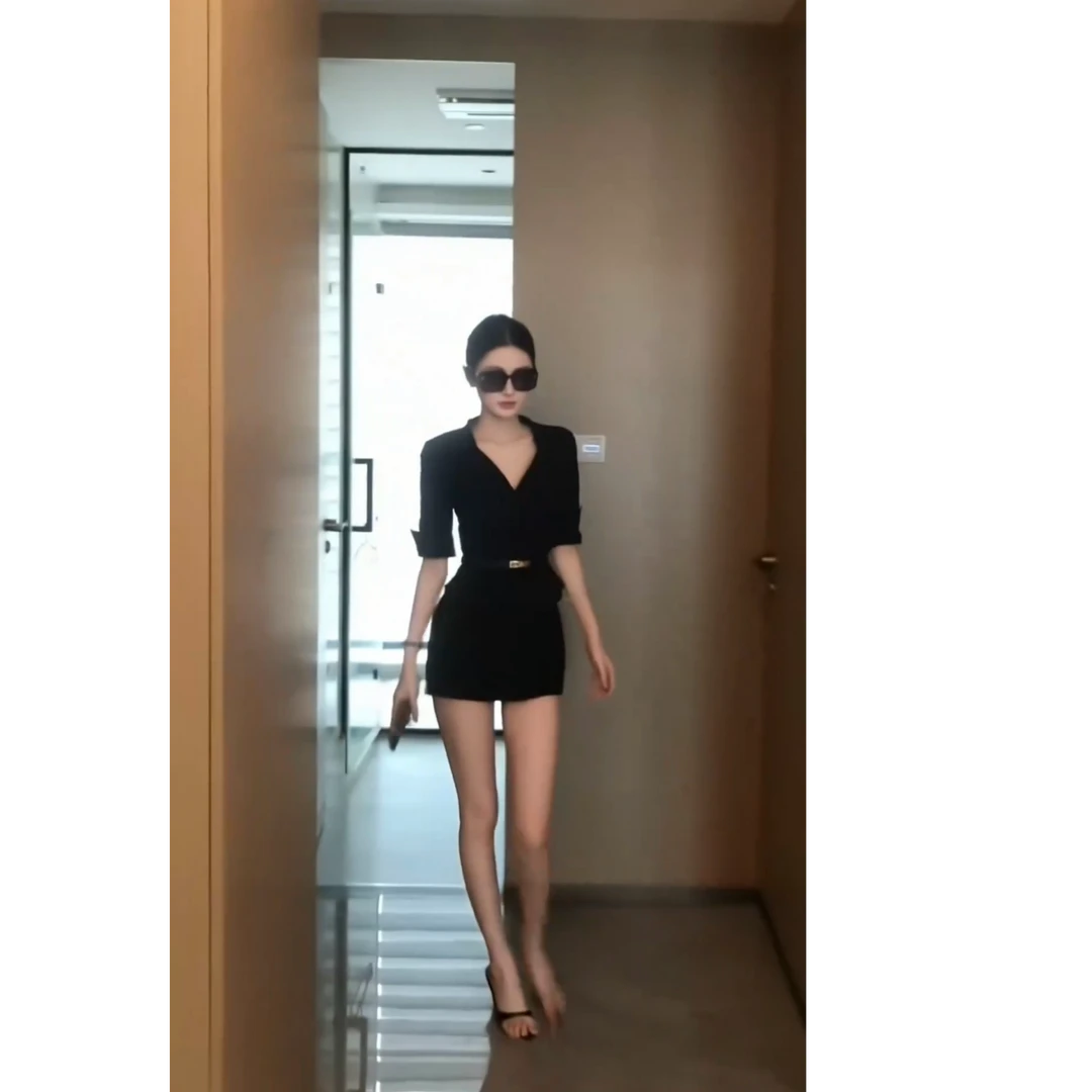 纯欲气质职业风套装女2025新款辣妹黑色衬衫包臀半身短裙子两件套