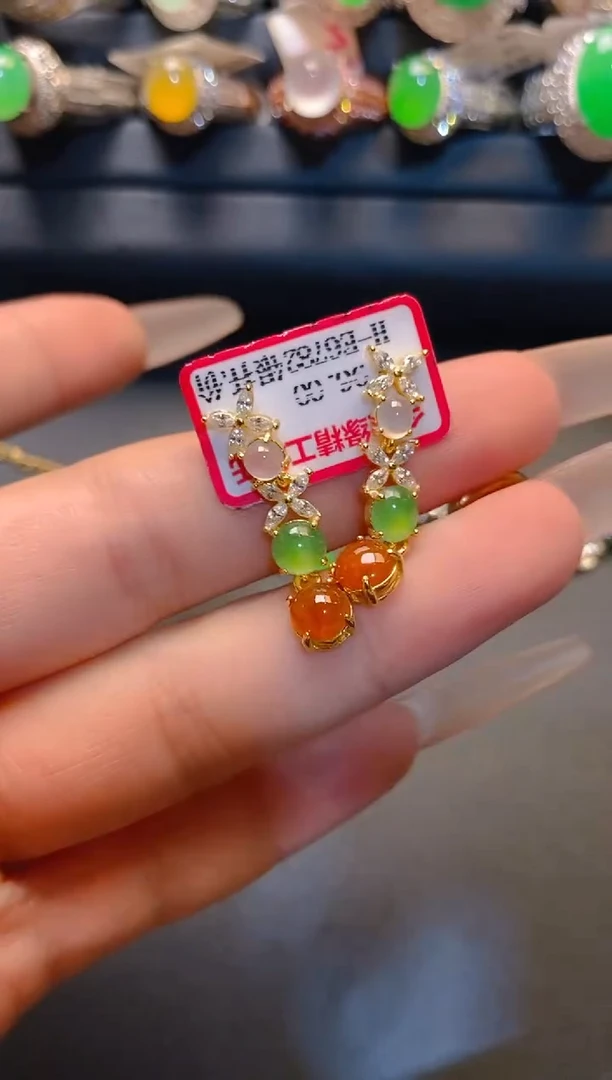 翡翠银S925镶嵌耳饰天然