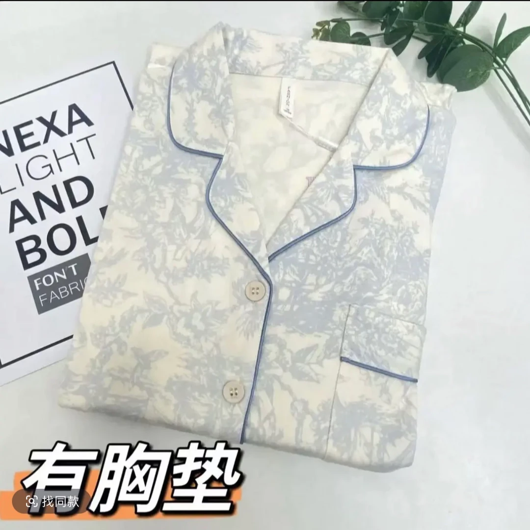 0017/040#秋冬加厚水墨画带胸垫长袖长裤开衫女士睡衣套装家居服