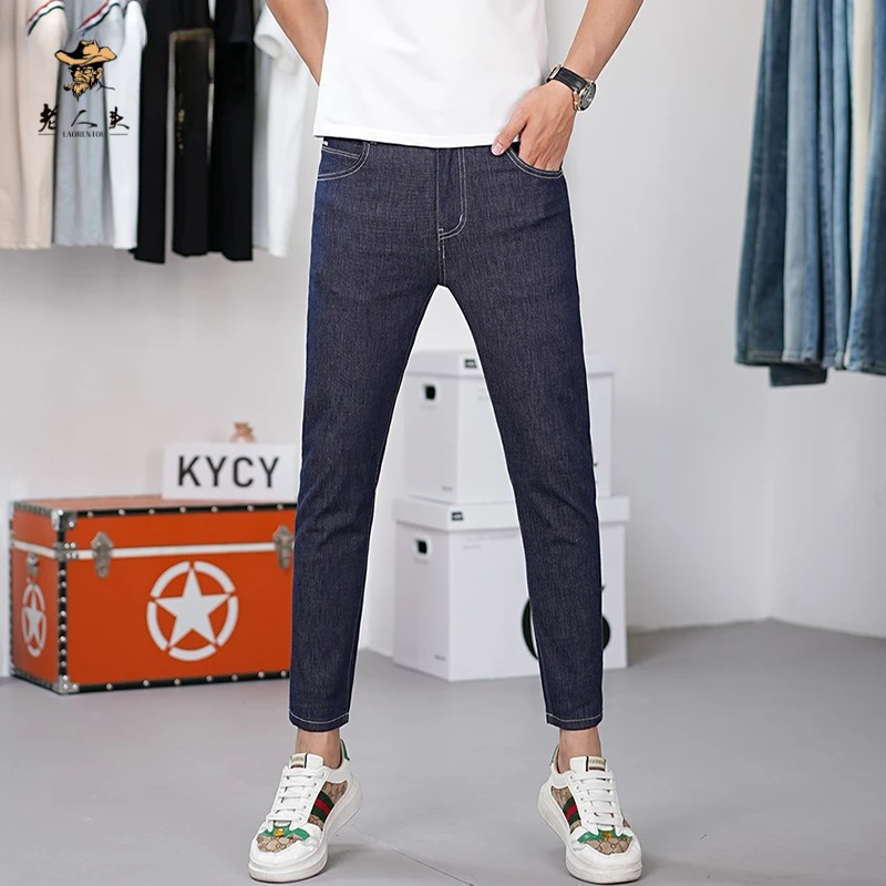 老人头高端不褪色九分蓝色牛仔裤男士2025夏季爆款弹力修身小脚男