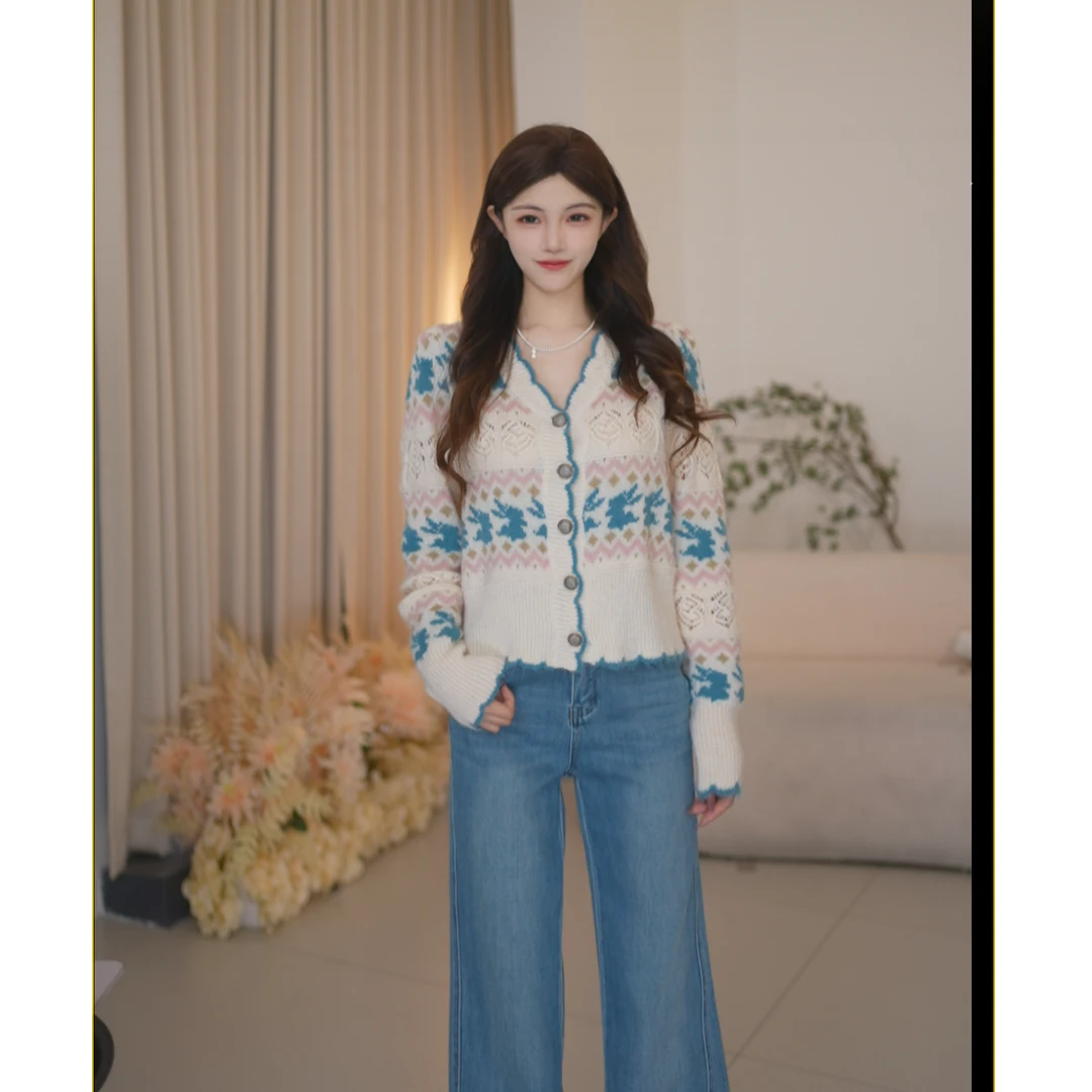 BasicHouse百家好秋冬百搭时尚V领亮片法式毛衣B1385B5F4J2