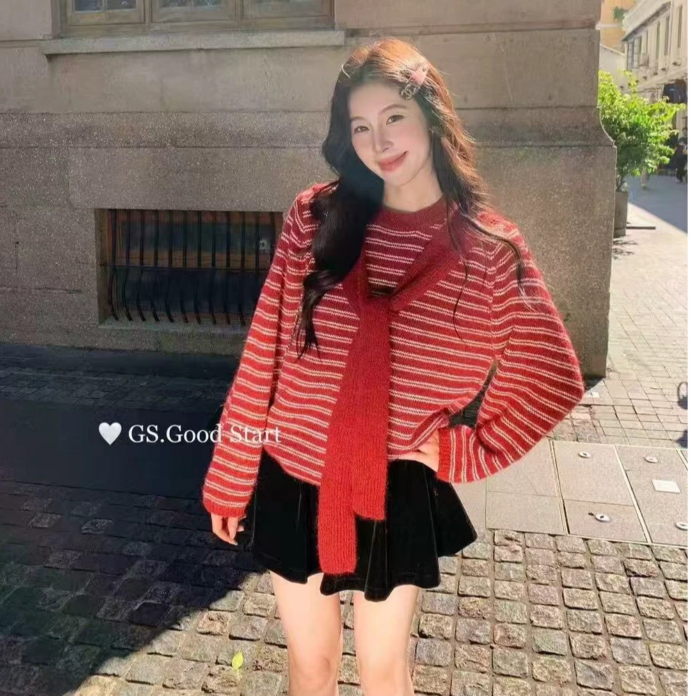 学院风条纹披肩软糯针织毛衣女秋冬穿搭洋气宽松别致针织衫上衣潮