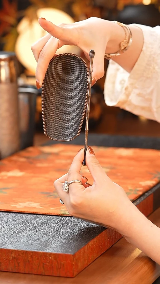 簸箕茶则/竹编纹古铜色/茶学入门器具