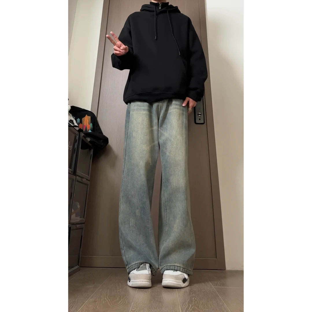 加绒加厚牛仔裤男秋冬季2024新款青少年裤子宽松阔腿直筒休闲长裤