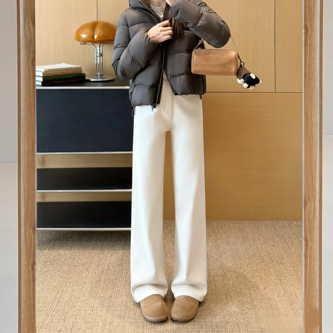 直筒牛仔裤女2025新款冬季休闲裤高腰显瘦小个子遮胯窄版阔腿裤子