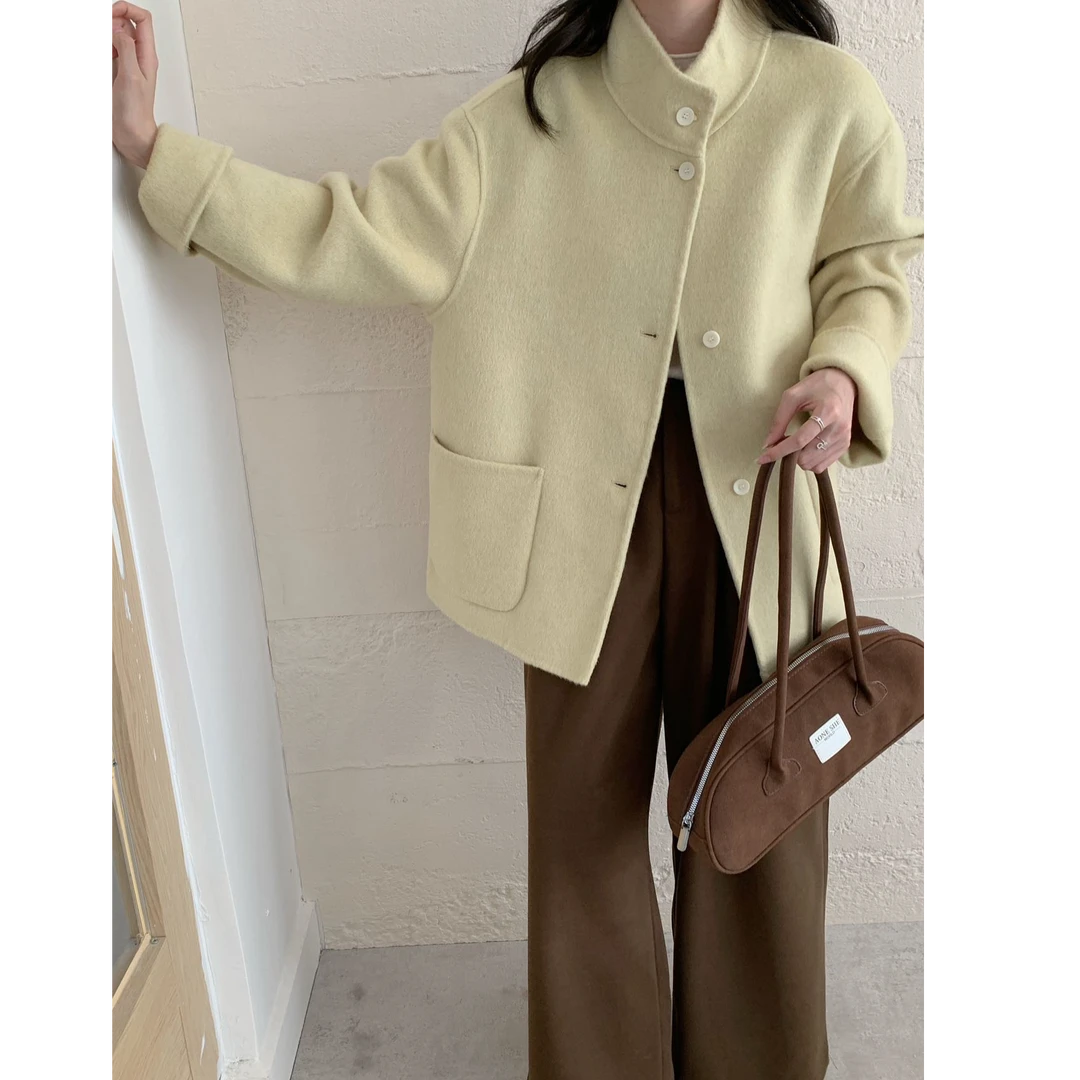 【 YisiTeni8159】高级感宽松显瘦双面羊毛大衣中长款立领毛呢外套