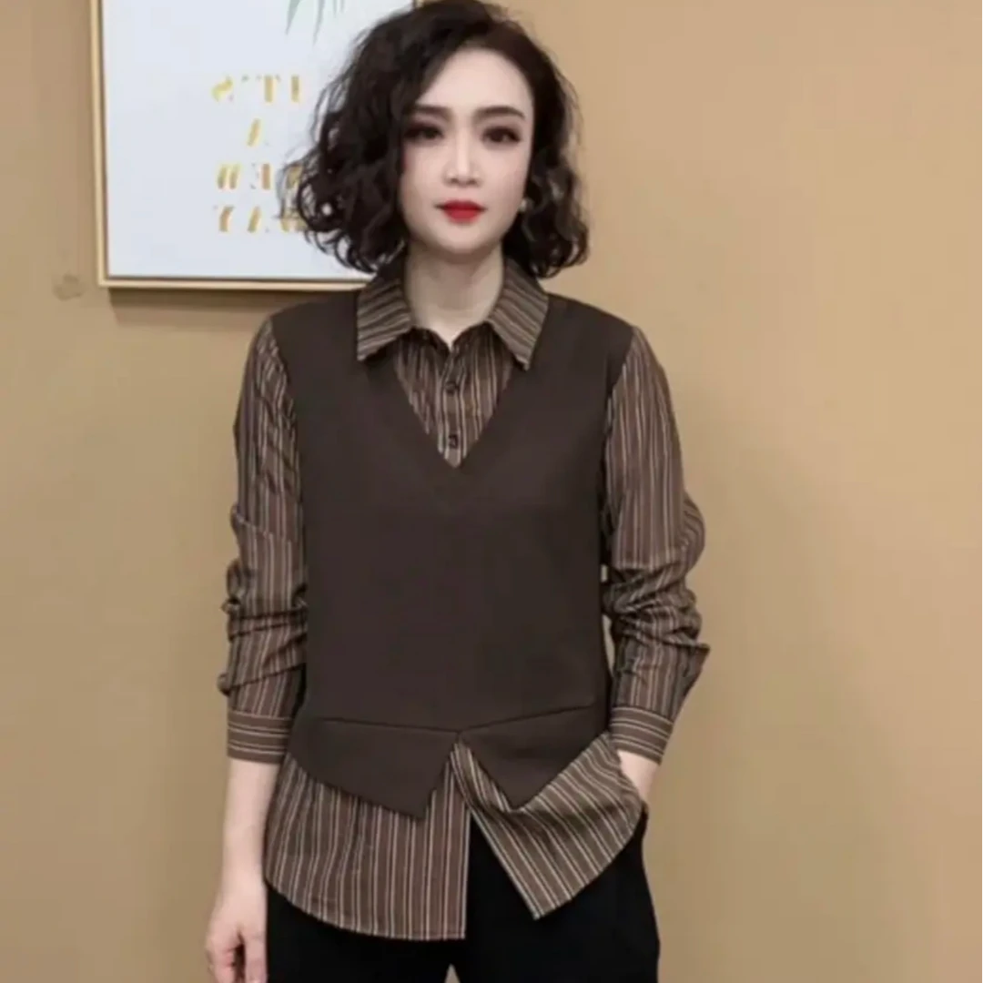 2025春季新款女士上衣假两件拼接显瘦百搭时尚洋气衬衫领长袖宽松