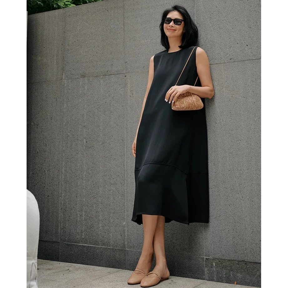 【GELINA】2025夏季新款气质圆领宽松显瘦无袖连衣裙0633