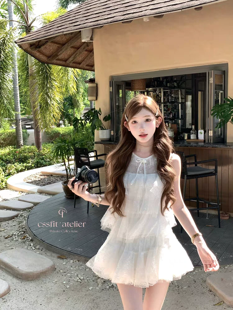 法式纯欲风设计感网纱刺绣无袖上衣显瘦A字蕾丝短裙蓬蓬裙两件套