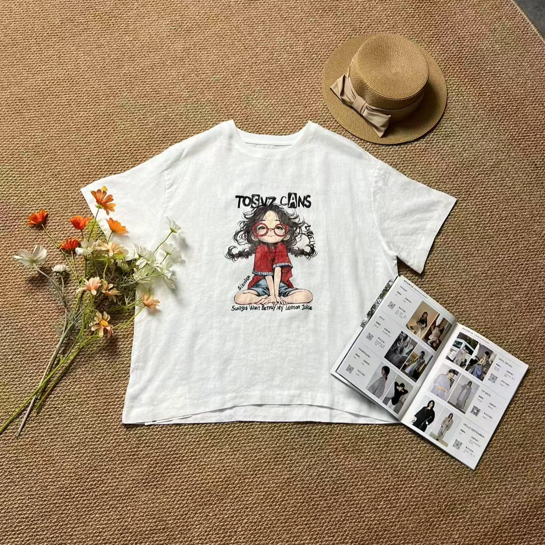 大码圆领卡通可爱女孩三色娃娃麻衫休闲百搭T恤