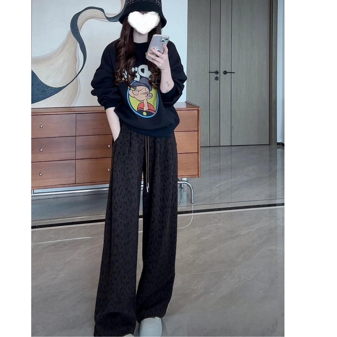 大力水手字母加绒卫衣+松紧腰阔腿抽绳豹纹休闲裤两件套2025秋冬