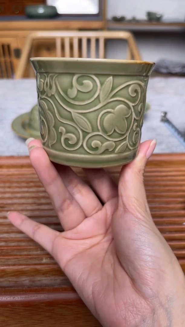 瓷器耀州窑唐草纹大缸杯 微瑕