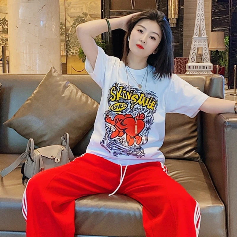 字母爱心-260k重磅精梳棉印花短袖男情侣白恤男体恤潮流宽松圆领