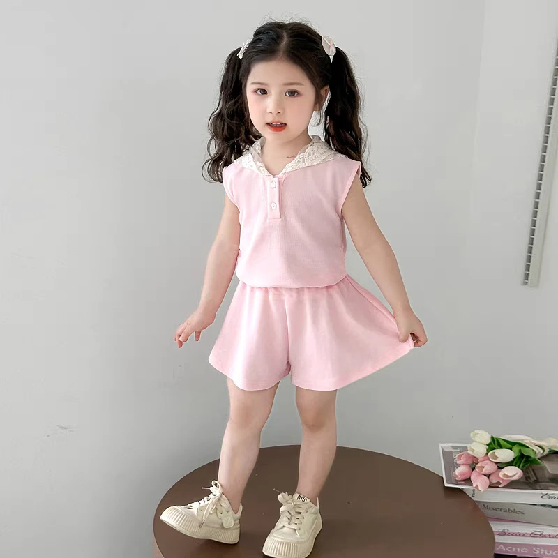 2025年新款女童夏季无袖蕾丝帽洋气短袖裙裤套装