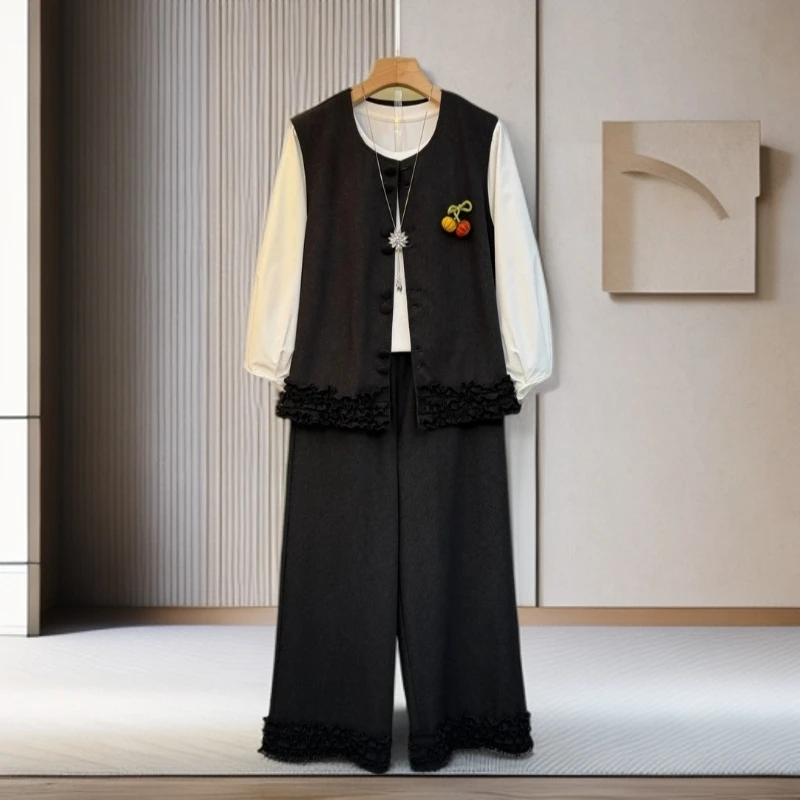 秋季大码新款时尚高级感宽松遮肚显瘦衬衫马甲裤子搭配套装