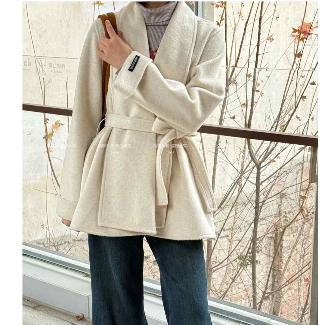 2025冬季新年战袍【月朗风清】高贵气质系带浴袍款双面羊毛短款外套