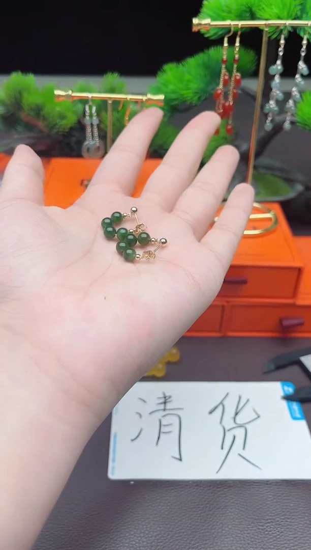 和田玉银S925镶嵌耳饰碧玉耳包