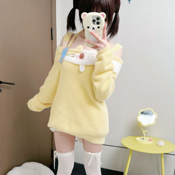 【直播专享】棉花糖猫猫毛衣挂脖露肩软妹可爱萌款秋冬毛绒甜美