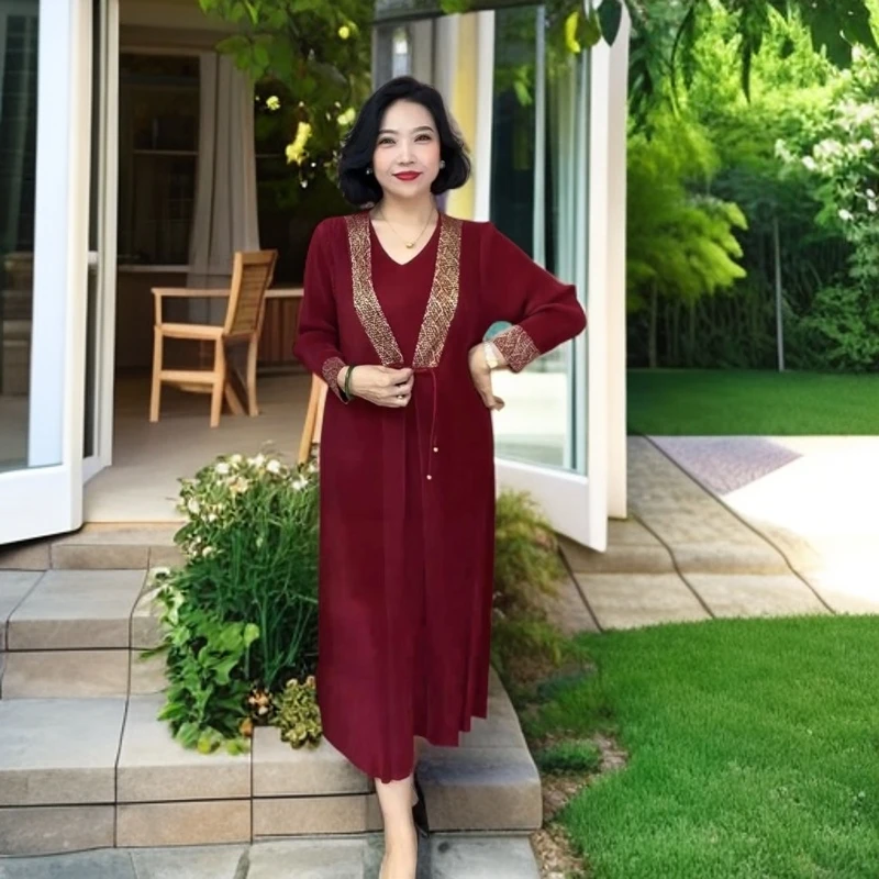 8015中老年胖妈妈秋季新款褶皱连衣裙显瘦高品质档次气质假两件