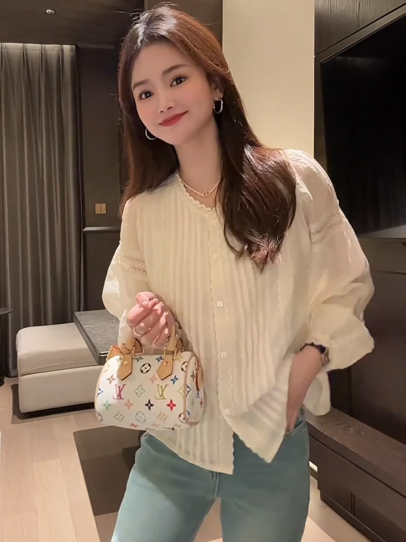 法式蕾丝拼接花边设计长袖衬衫2025春夏新款小衫宽松小个子上衣潮