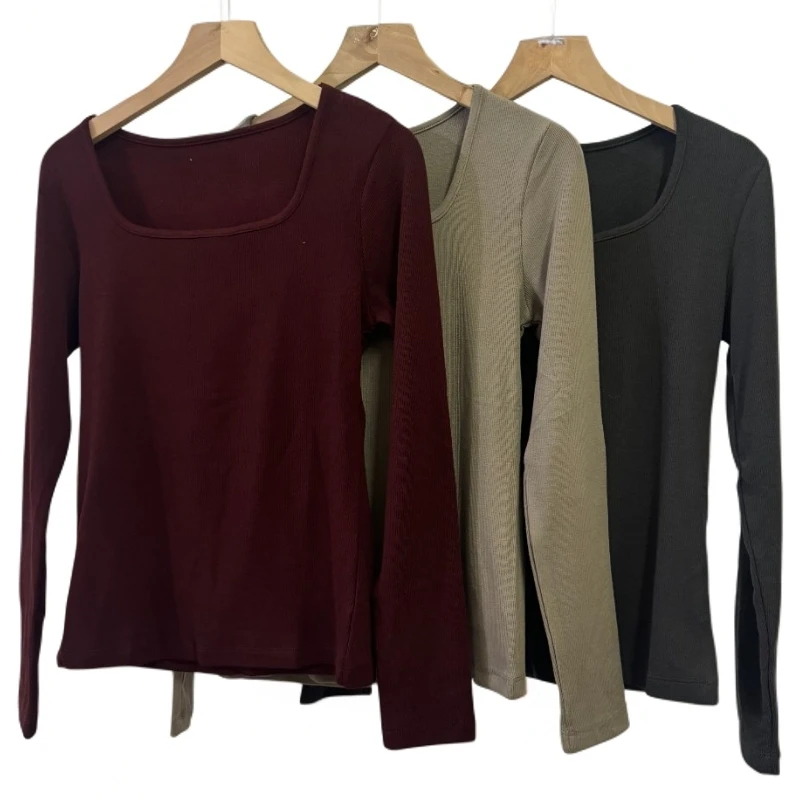 艳儿家【法国细罗纹拉绒方领打底衫】修身百搭超细拉绒内搭打底上衣