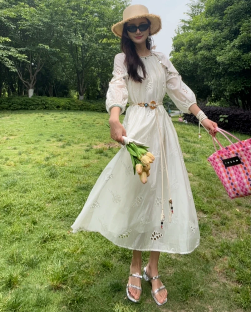 【送腰带】新款夏季复古简约高级波西米亚风刺绣天丝连衣裙1098-2