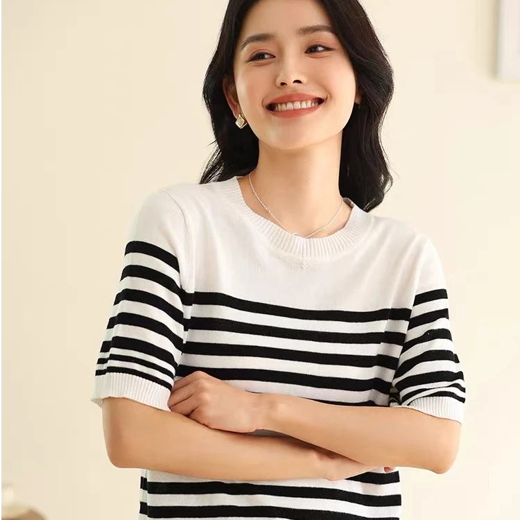 【运费补贴】100%棉时尚韩版条纹圆领女士T恤春季百搭显瘦729短袖