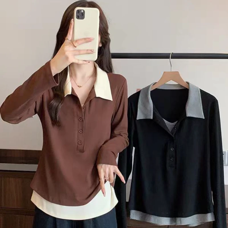 胖MM伊 65大码女装显瘦翻领t恤秋季新款气质修身正肩假两件打底衫