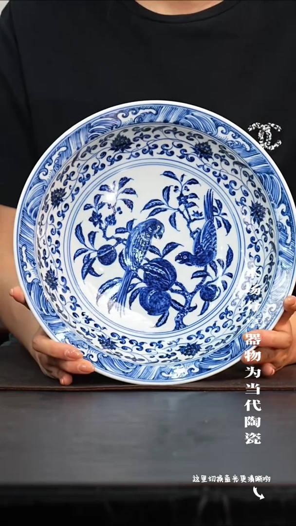 九鸣瓷艺限时高货福利——矮高足内绘鹦鹉寿桃