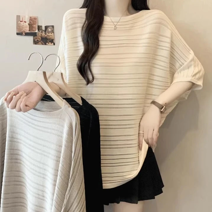 圆领宽松慵懒风五分袖针织衫女夏季新款冰丝薄款显瘦洋气短袖上衣