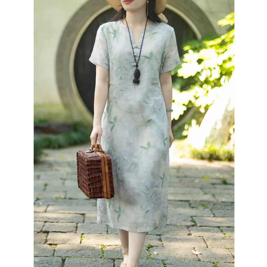 夏季新款文艺清新竹叶印花苎麻V领盘扣短袖设计感a字新中式连衣裙