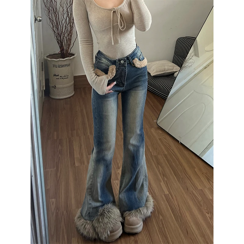 美式复古做旧毛绒拼接牛仔裤女冬新款街头辣妹低腰设计感毛茸茸裤