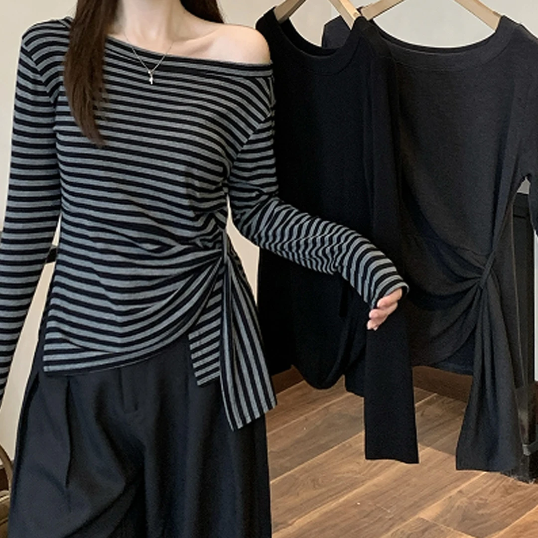 韩系条纹不规则斜肩长袖女春秋2025新款大码打底T恤收腰显瘦上衣