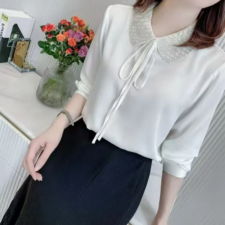 ES011  新款  时尚翻领水钻设计感长袖缎面衬衫