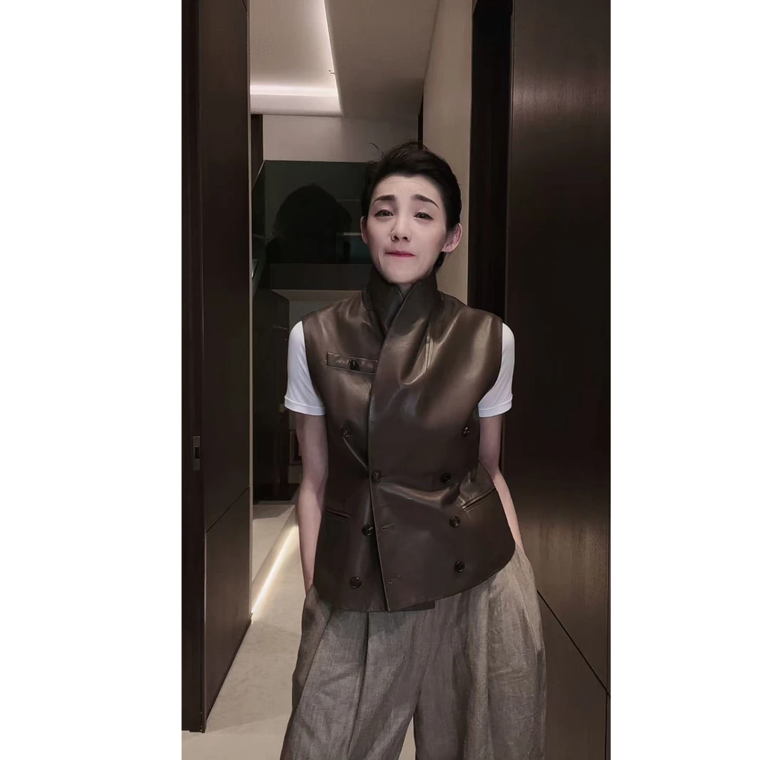 MNFK 轻涂绵羊皮   双排扣西装 定制天然 牛角 皮衣马夹 MJ0071