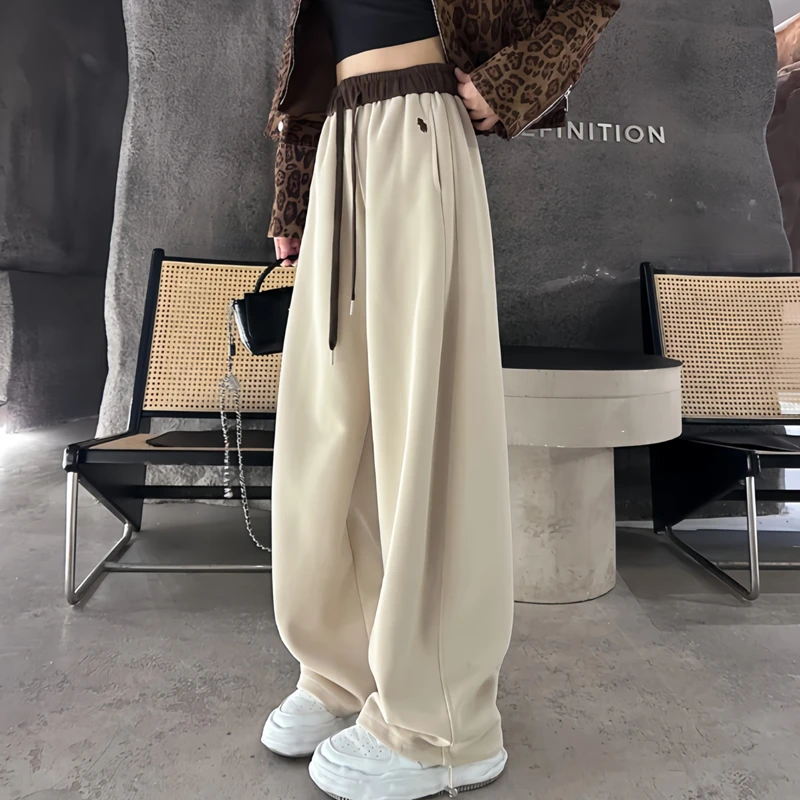 慵懒风刺绣阔腿裤女秋冬加绒加厚高腰宽松时尚百搭拼色休闲弯刀裤